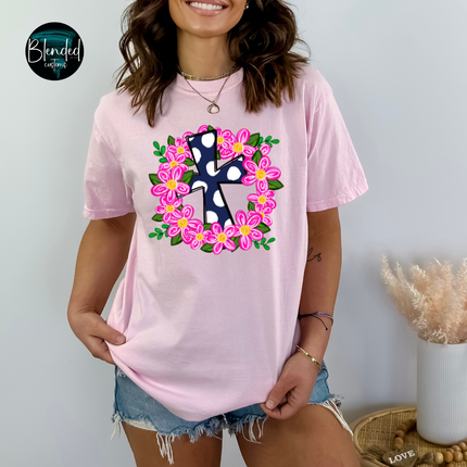 Pink Floral Wreath with Navy Cross DTF Transfer