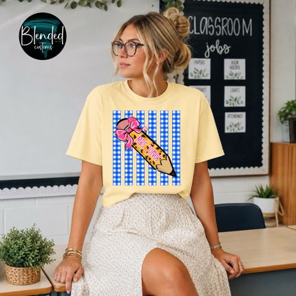 Blue Check Teacher Pencil Custom DTF Transfer