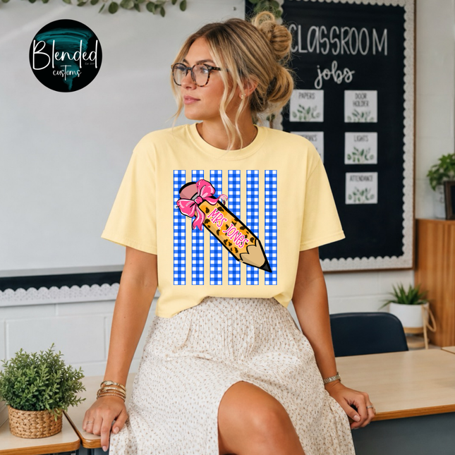 Blue Check Teacher Pencil Custom DTF Transfer